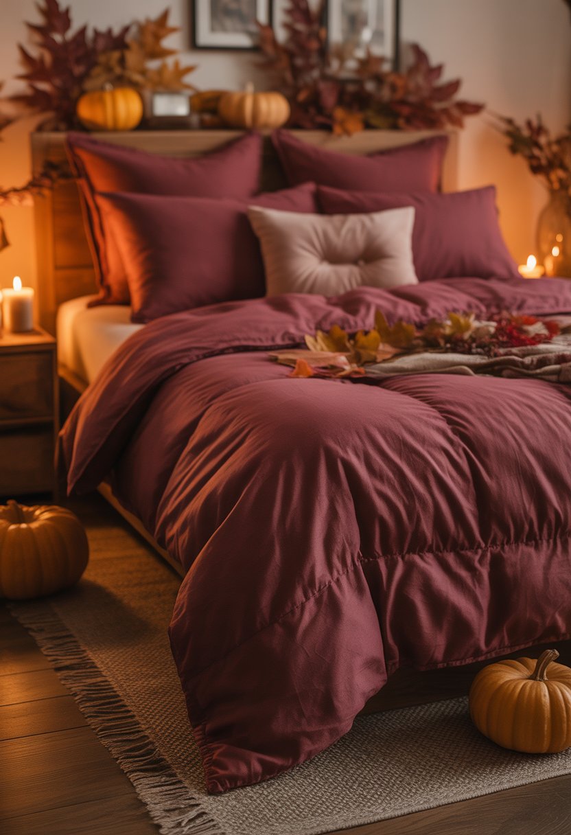 28 Fall Bedroom Decor Ideas 2025: Fresh Seasonal Styles for a Cozy Retreat 17 A bedroom with a bed dressed in deep burgundy linens and autumn decorations including pumpkins and dried leaves.