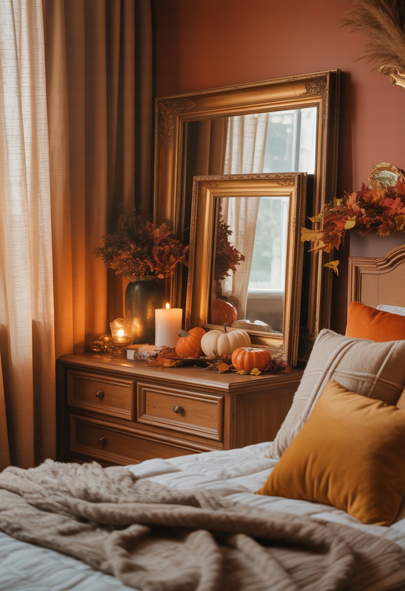 28 Fall Bedroom Decor Ideas 2025: Fresh Seasonal Styles for a Cozy Retreat 18 A bedroom decorated for fall with vintage brass picture frames, warm autumn colors, and seasonal decor like pumpkins and dried leaves.