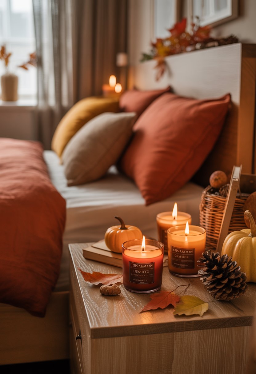28 Fall Bedroom Decor Ideas 2025: Fresh Seasonal Styles for a Cozy Retreat 19 A warm bedroom with lit cinnamon-scented candles on a wooden nightstand surrounded by autumn decorations and a neatly made bed with fall-colored linens.