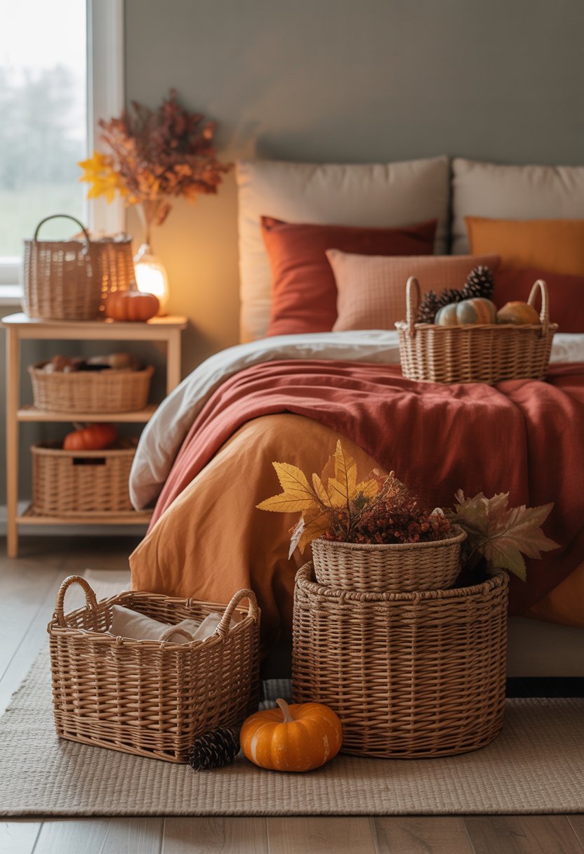 28 Fall Bedroom Decor Ideas 2025: Fresh Seasonal Styles for a Cozy Retreat 20 A cozy bedroom with woven basket storage, autumn decorations, and warm earthy colors.
