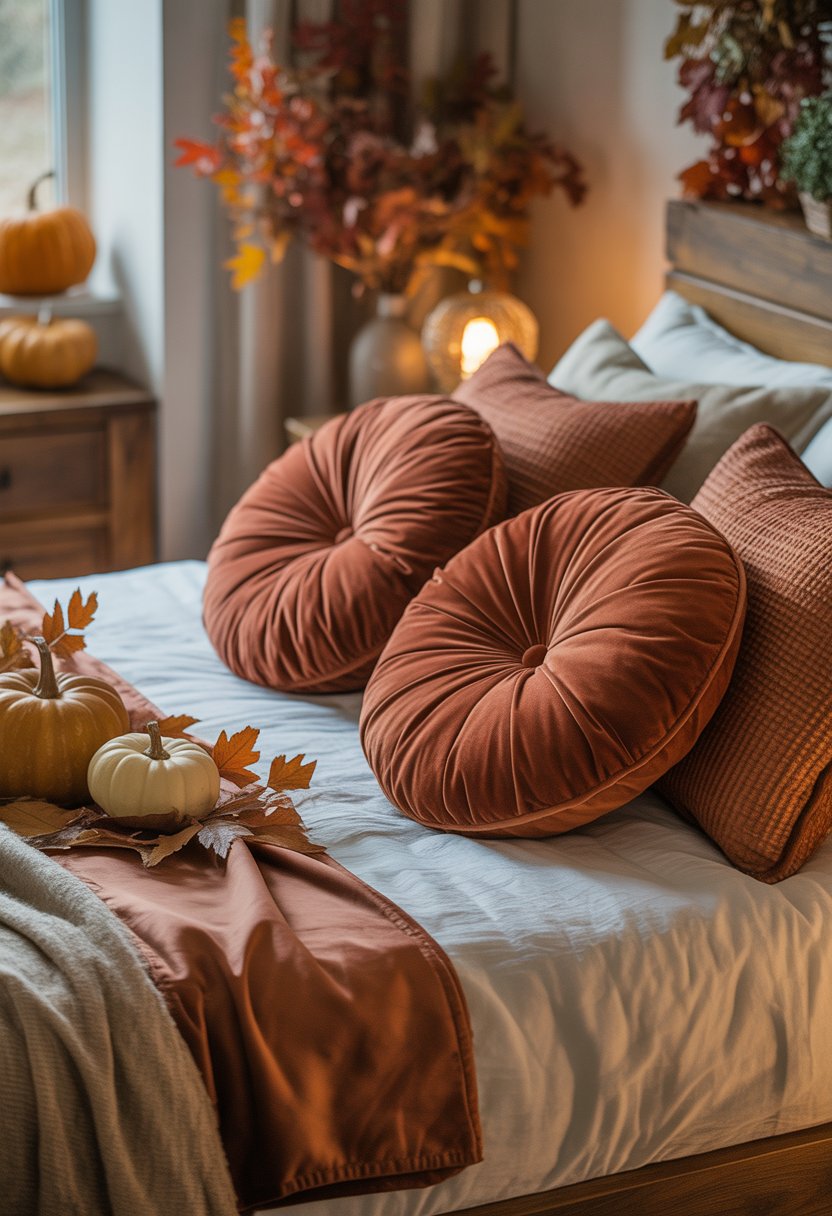 28 Fall Bedroom Decor Ideas 2025: Fresh Seasonal Styles for a Cozy Retreat 21 A bedroom with rust-colored velvet cushions on a bed surrounded by autumn decor and warm lighting.