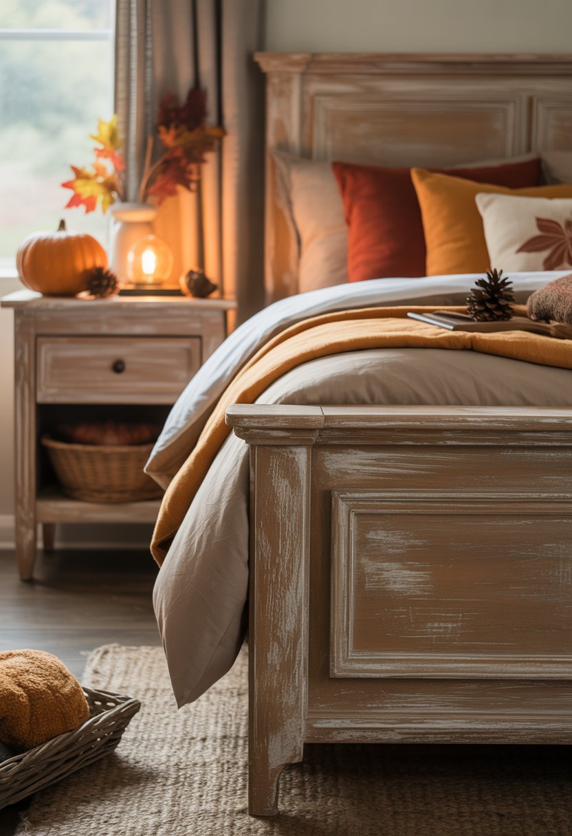 28 Fall Bedroom Decor Ideas 2025: Fresh Seasonal Styles for a Cozy Retreat 22 A bedroom with distressed oak furniture decorated with autumn-themed accents including pumpkins, dried leaves, and warm-colored bedding.