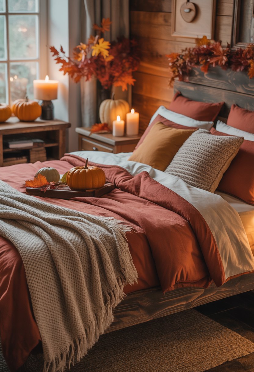 28 Fall Bedroom Decor Ideas 2025: Fresh Seasonal Styles for a Cozy Retreat 23 A cozy bedroom with a bed made of warm flannel sheets and fall decorations including pumpkins and candles.