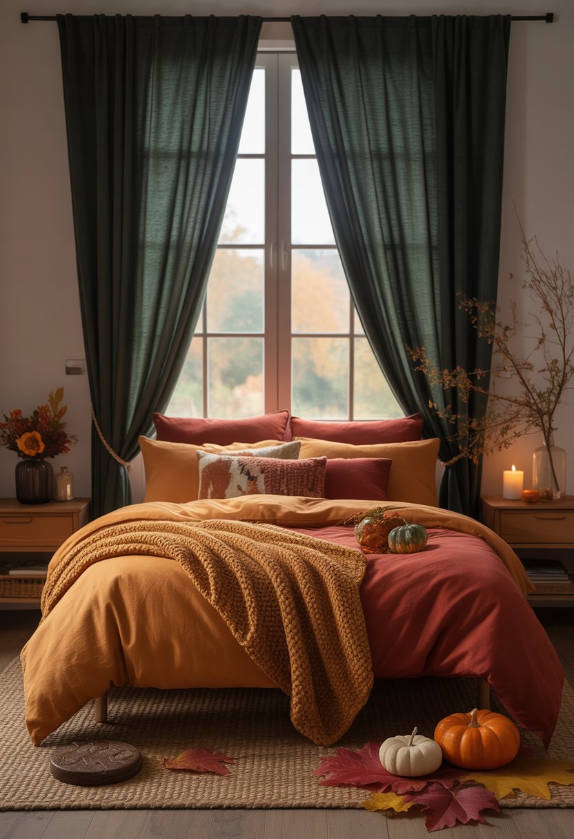 28 Fall Bedroom Decor Ideas 2025: Fresh Seasonal Styles for a Cozy Retreat 24 A bedroom with dark green velvet curtains, a bed with autumn-colored bedding, and fall-themed decorations.