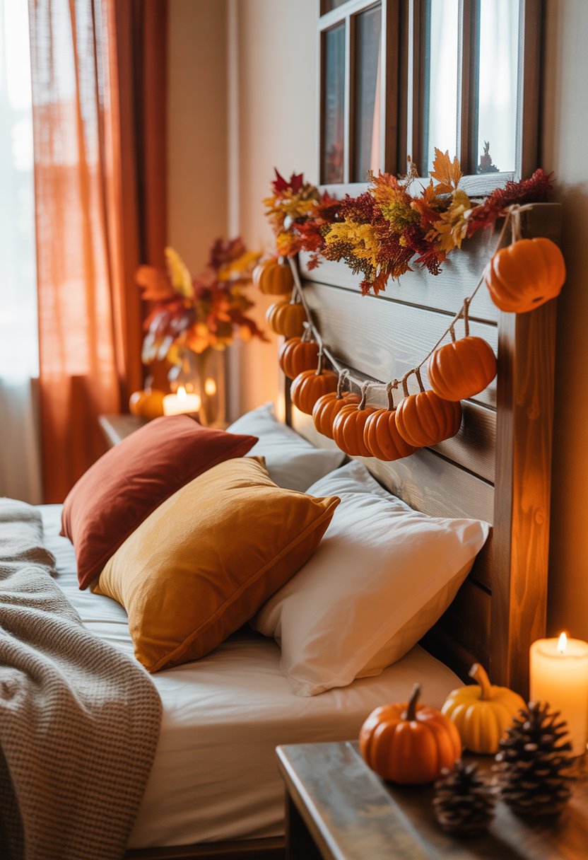 28 Fall Bedroom Decor Ideas 2025: Fresh Seasonal Styles for a Cozy Retreat 25 A cozy bedroom decorated with handmade pumpkin garlands hanging on the headboard and window, featuring autumn colors and warm lighting.