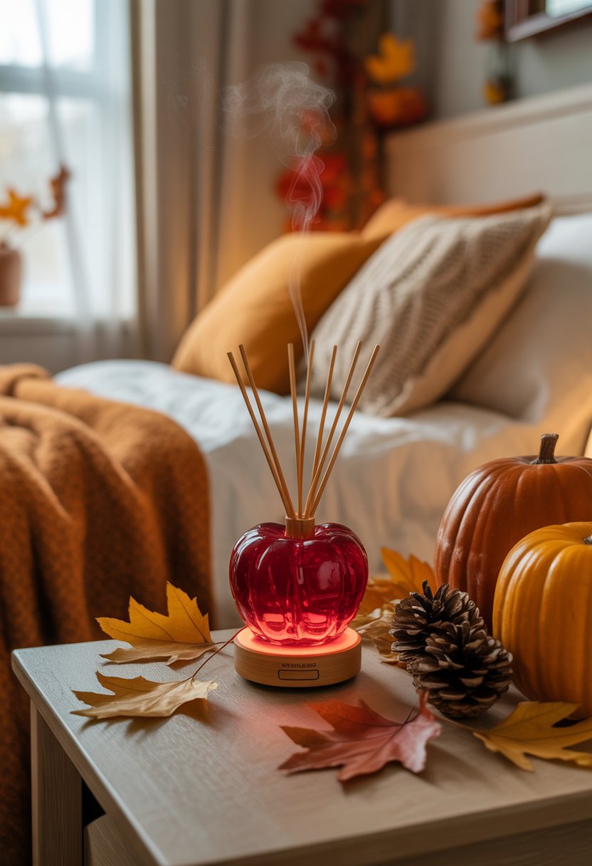 28 Fall Bedroom Decor Ideas 2025: Fresh Seasonal Styles for a Cozy Retreat 27 A cozy bedroom with a bedside table holding a red candied apple diffuser surrounded by autumn decorations like pumpkins and dried leaves.
