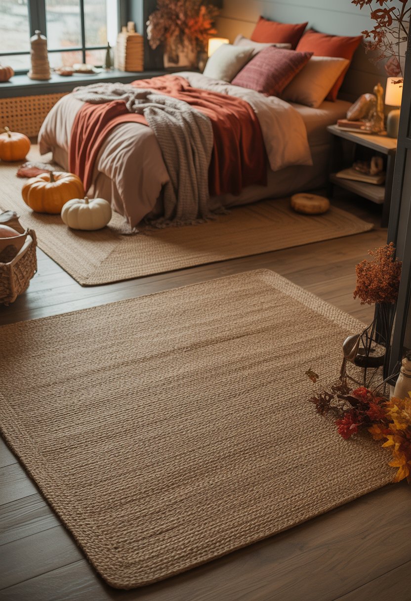 28 Fall Bedroom Decor Ideas 2025: Fresh Seasonal Styles for a Cozy Retreat 29 A cozy bedroom with natural jute rugs, autumn-colored bedding, and fall decorations including pumpkins and dried leaves.