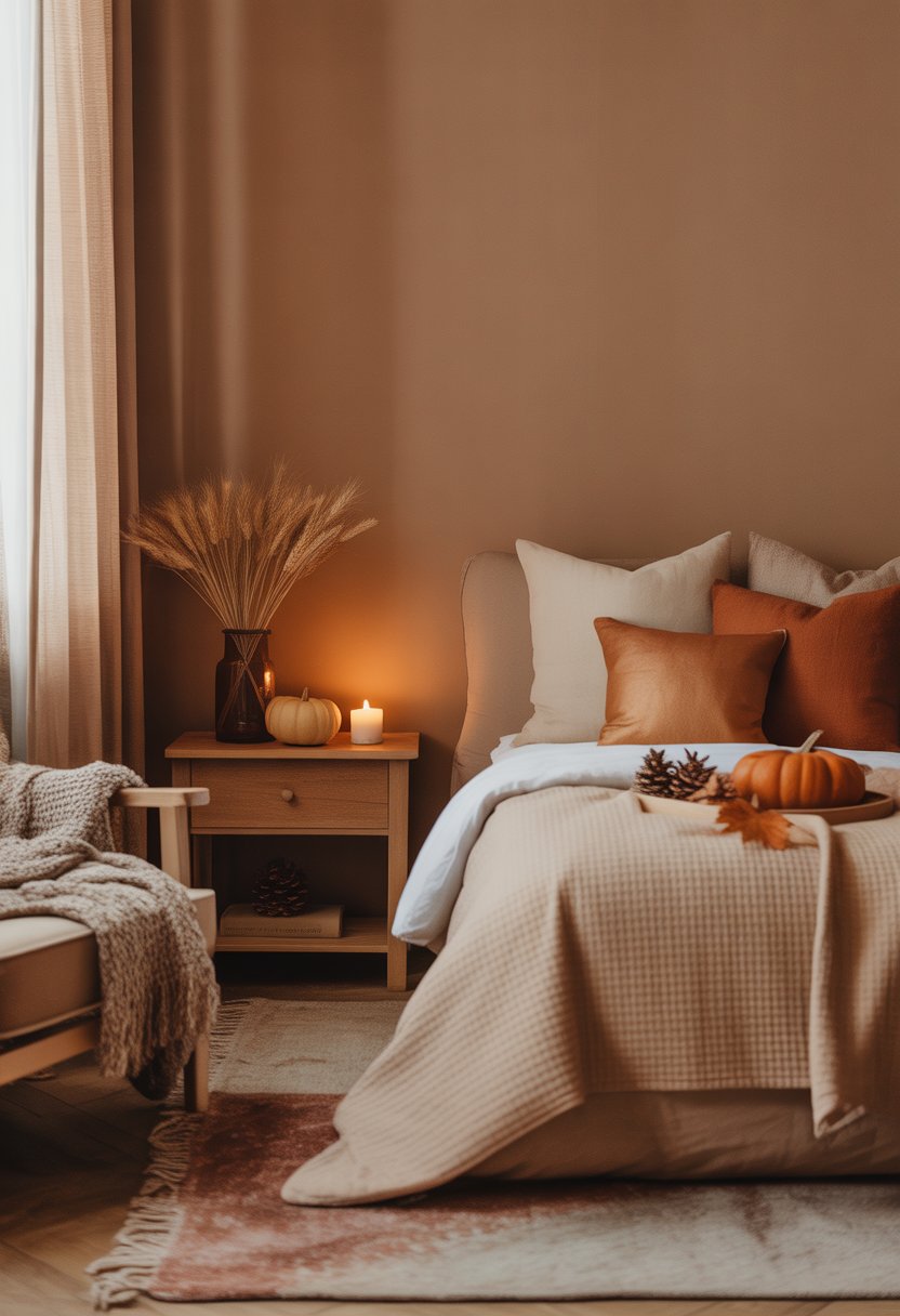 28 Fall Bedroom Decor Ideas 2025: Fresh Seasonal Styles for a Cozy Retreat 30 A bedroom with warm taupe walls, a bed with beige and orange pillows, a wooden nightstand with fall decorations, and soft natural light coming through a window.