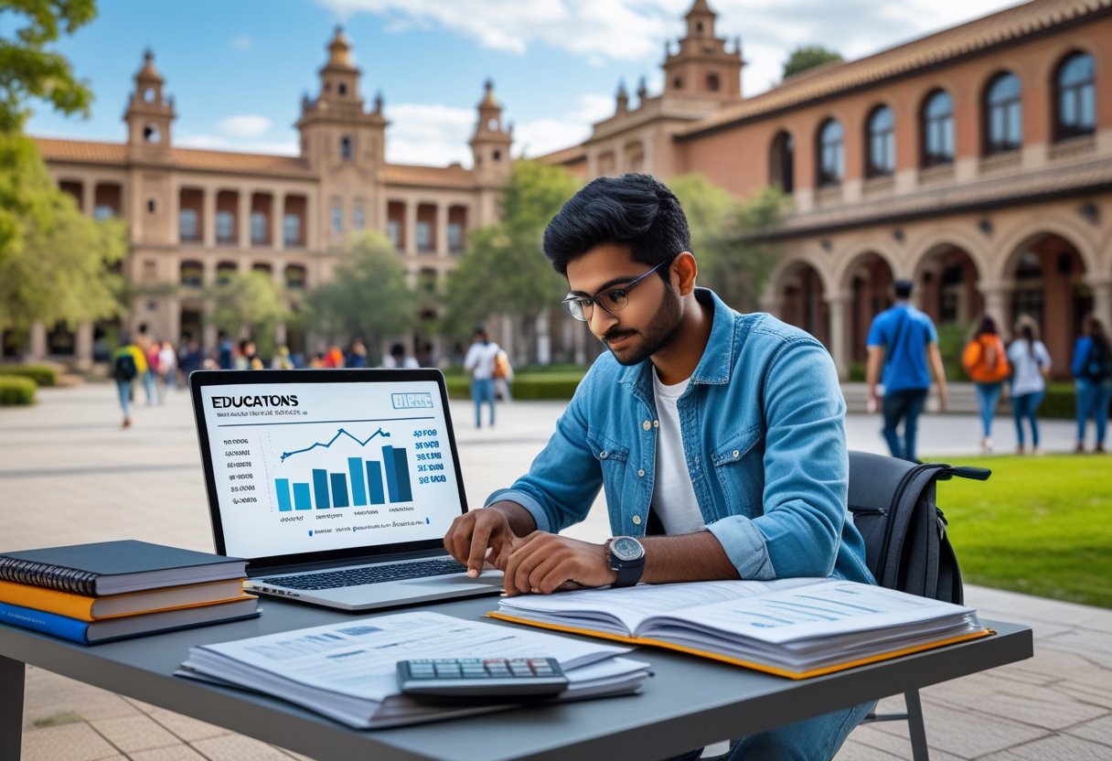 An Indian student sitting outdoors at a table on a Spanish university campus, reviewing financial documents and using a laptop, with Mediterranean-style buildings and other students in the background.
