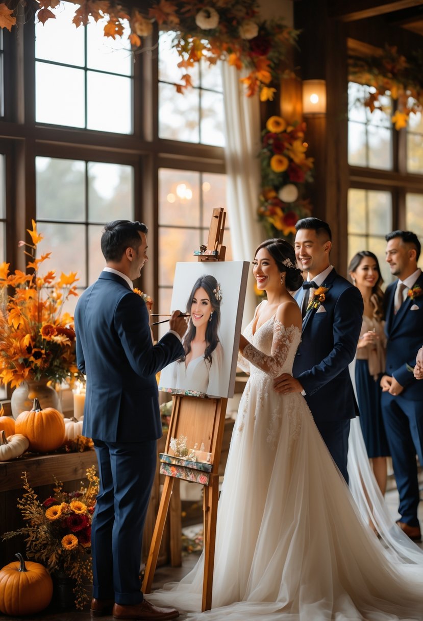 A bride and groom watching a live painter create a wedding portrait surrounded by autumn decorations at a wedding celebration.