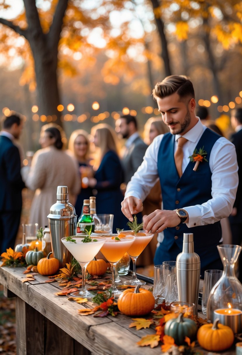 A bartender preparing a custom cocktail at a decorated table with autumn leaves and pumpkins during an outdoor November wedding celebration.