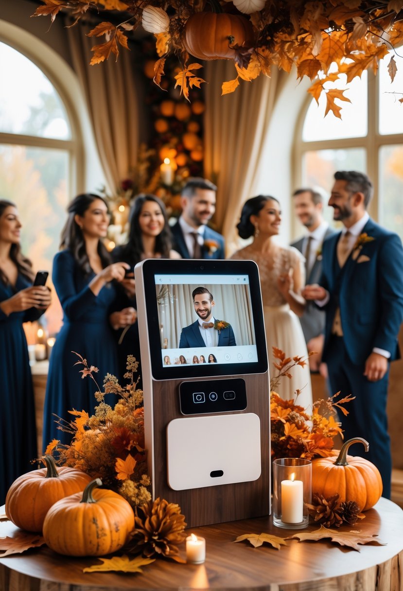 Guests interacting with a video guestbook booth decorated with autumn leaves and pumpkins at a wedding.