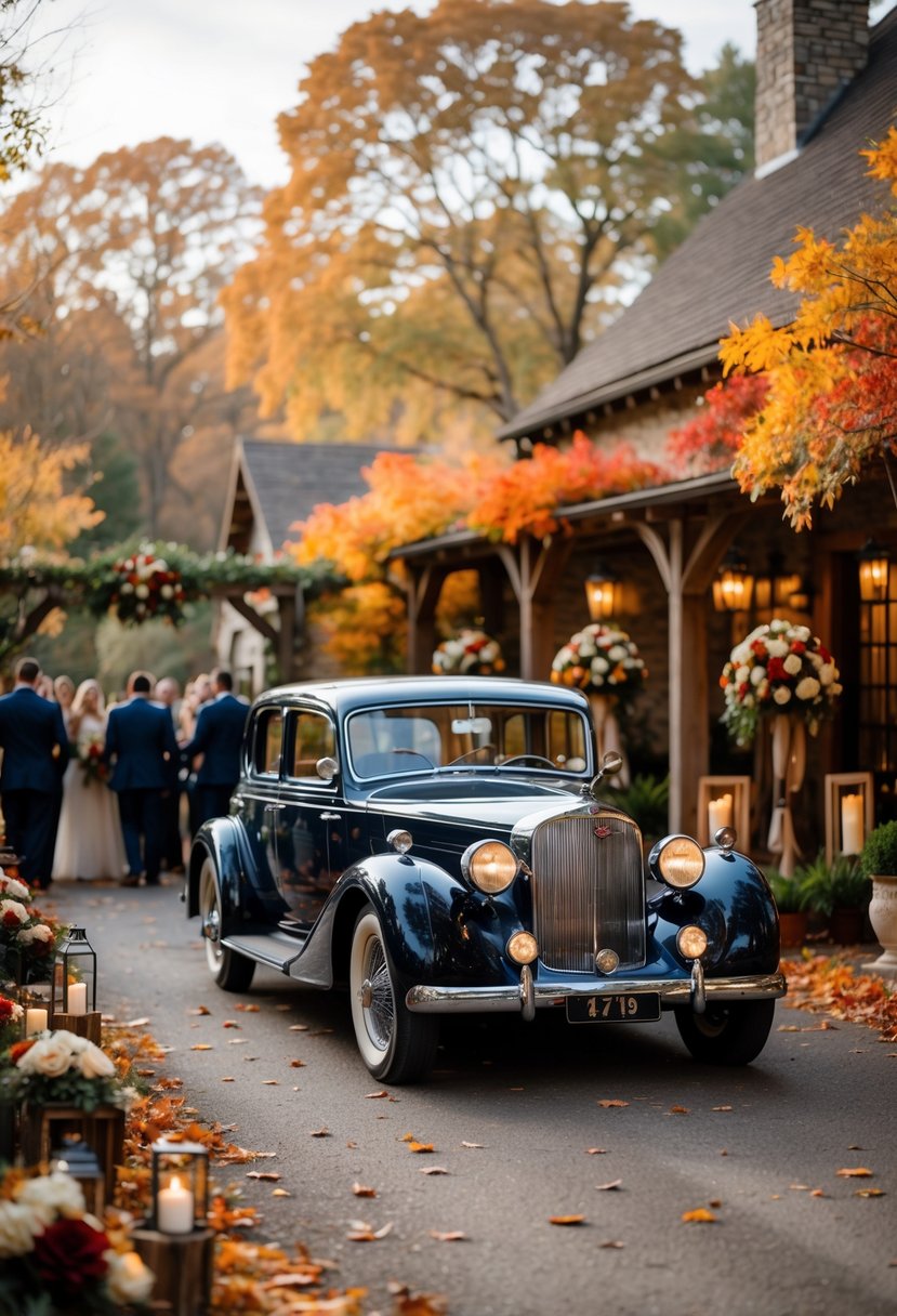 A vintage car arriving at an outdoor wedding venue surrounded by autumn leaves and guests.