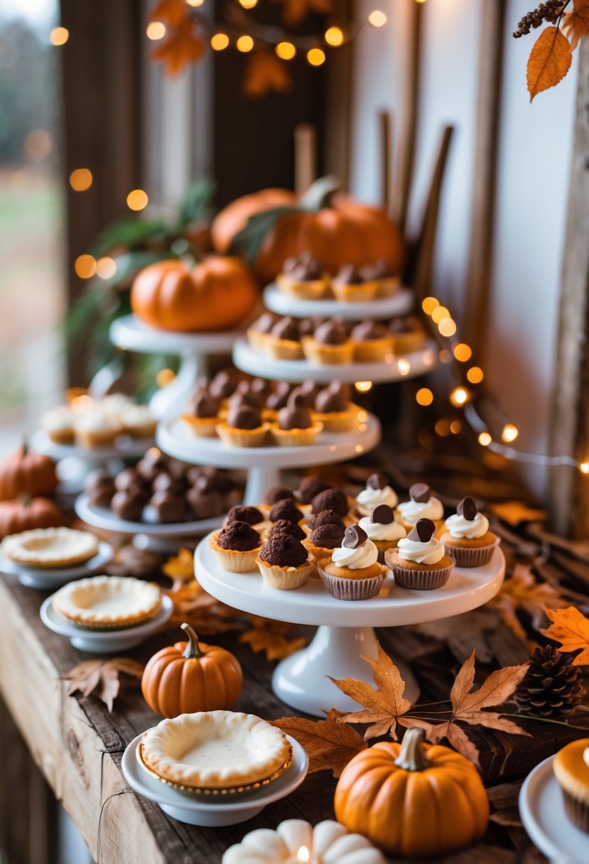 A mini dessert bar with assorted small desserts and autumn decorations set up for a wedding.