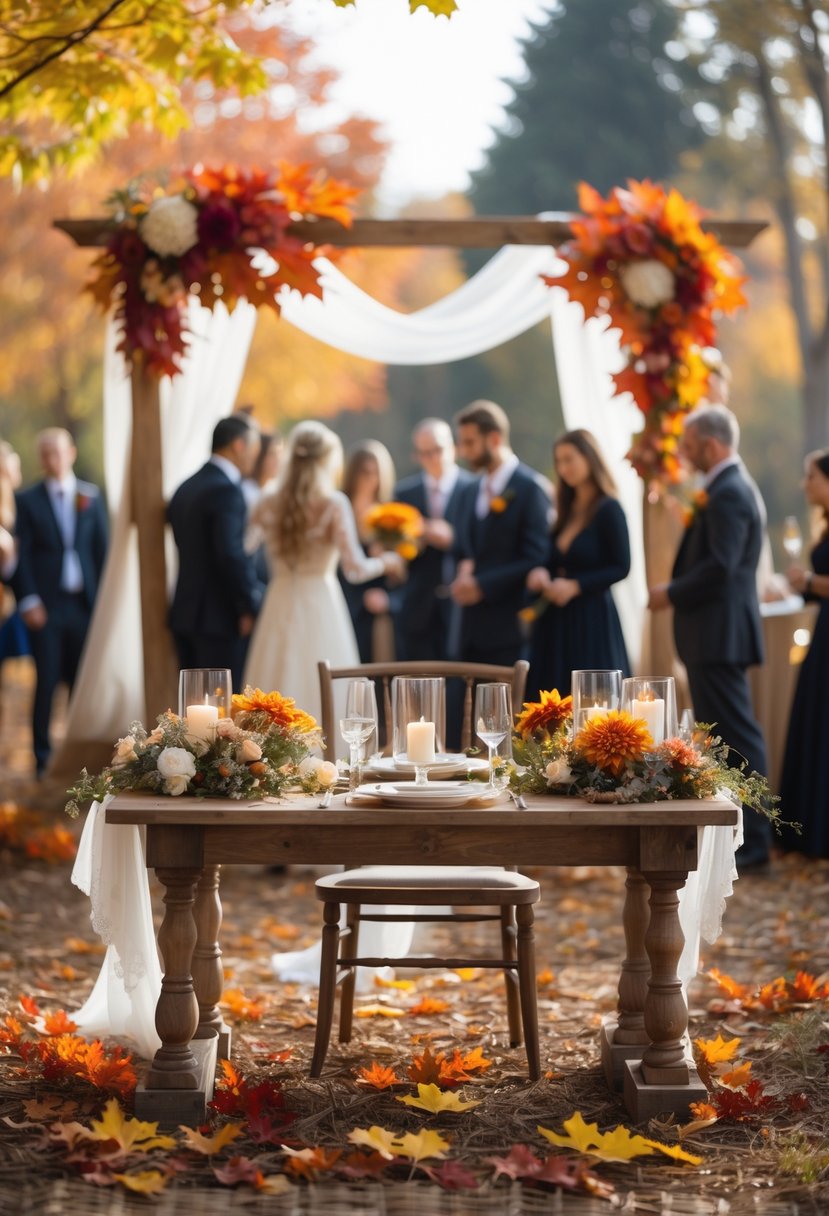 An outdoor wedding scene with autumn leaves, a decorated wooden arch, floral centerpieces, and guests mingling in fall attire.