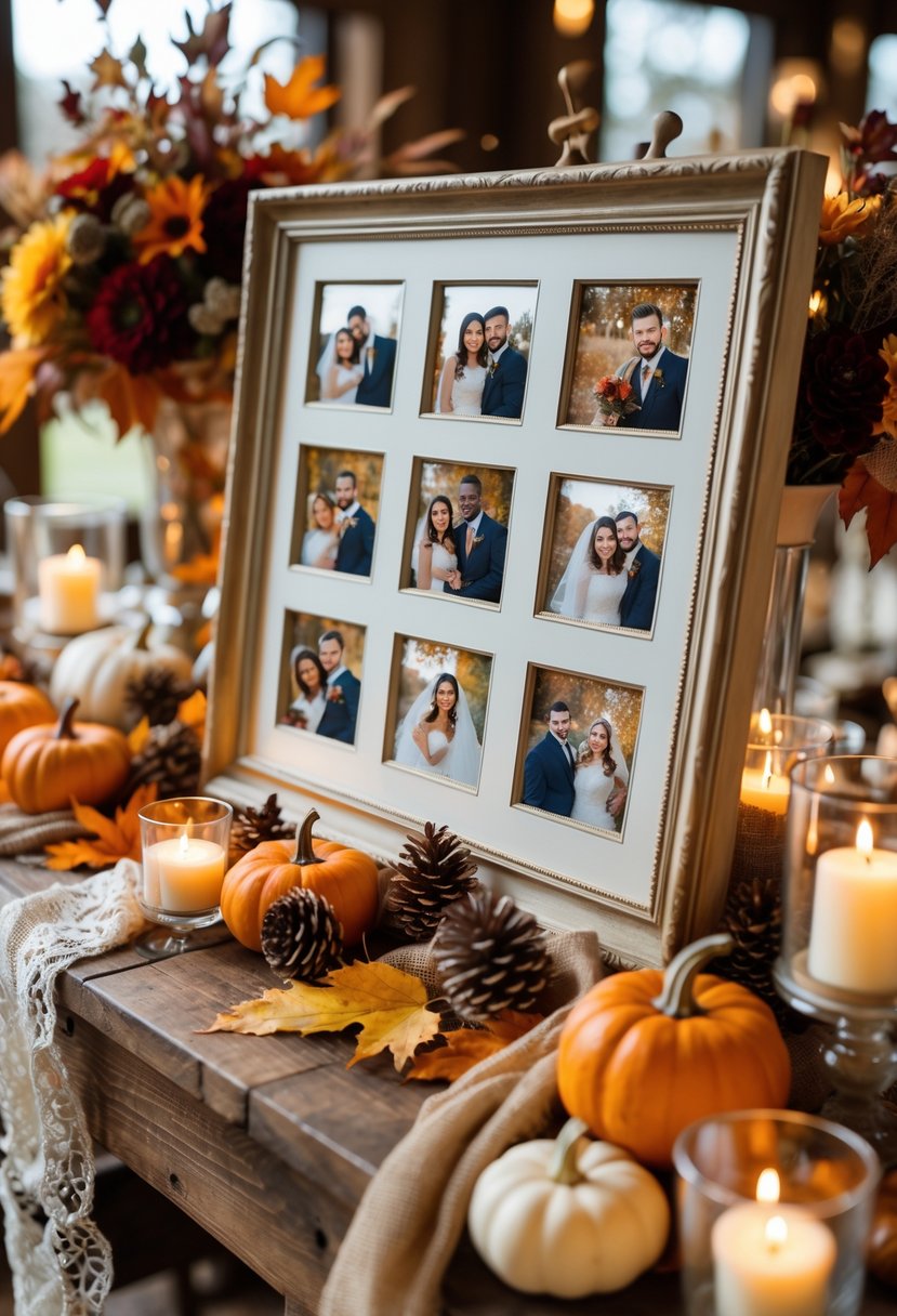 A wedding memory table decorated with framed photos, autumn leaves, small pumpkins, and candles.