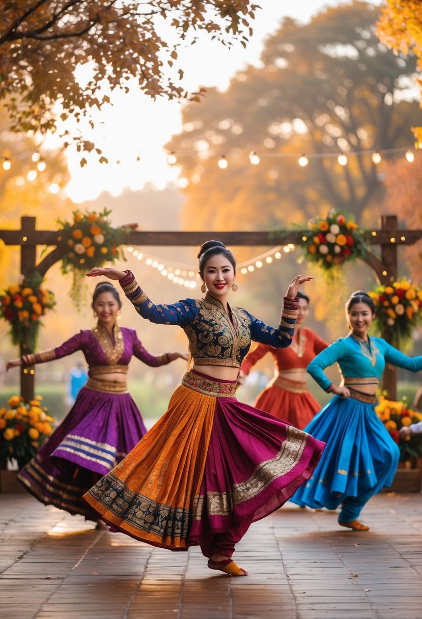 Dancers in colorful traditional costumes performing at an outdoor wedding surrounded by autumn foliage and festive decorations.