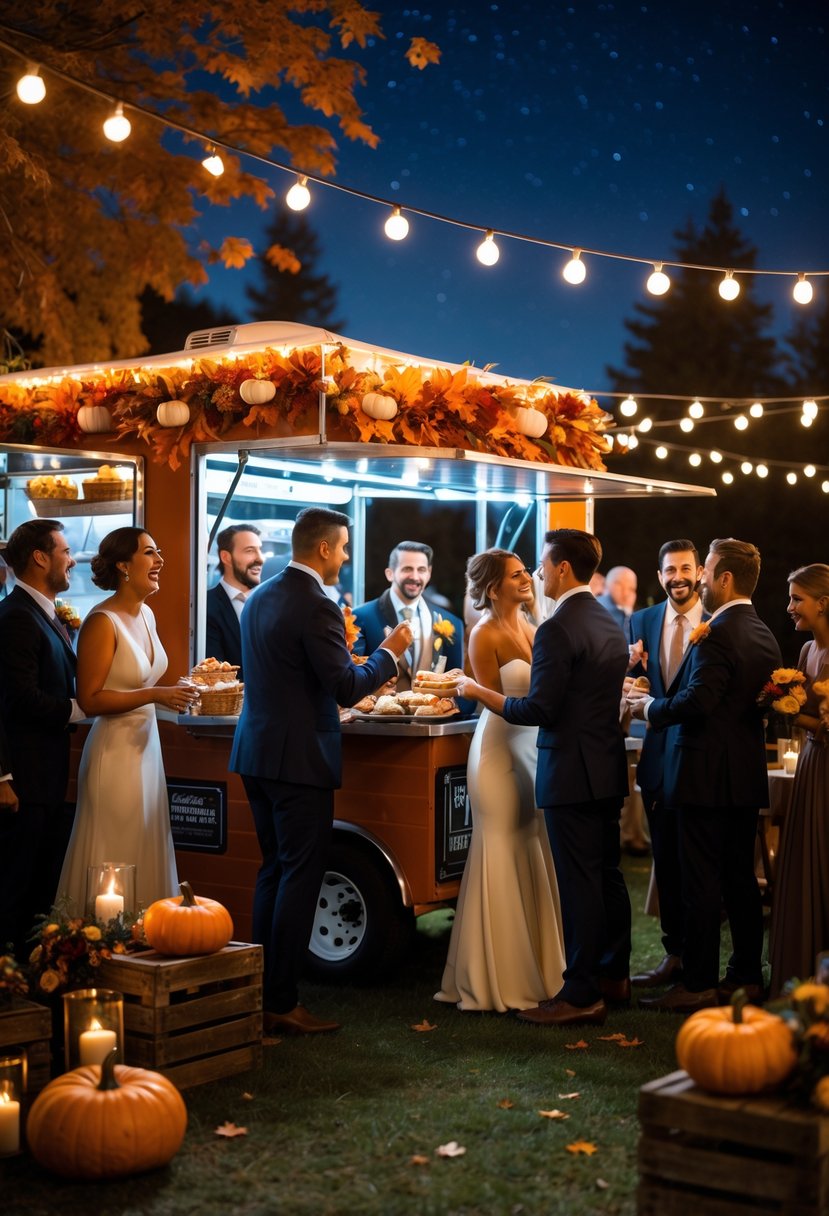 A nighttime wedding scene with a decorated food truck and guests enjoying food outdoors surrounded by autumn decorations.