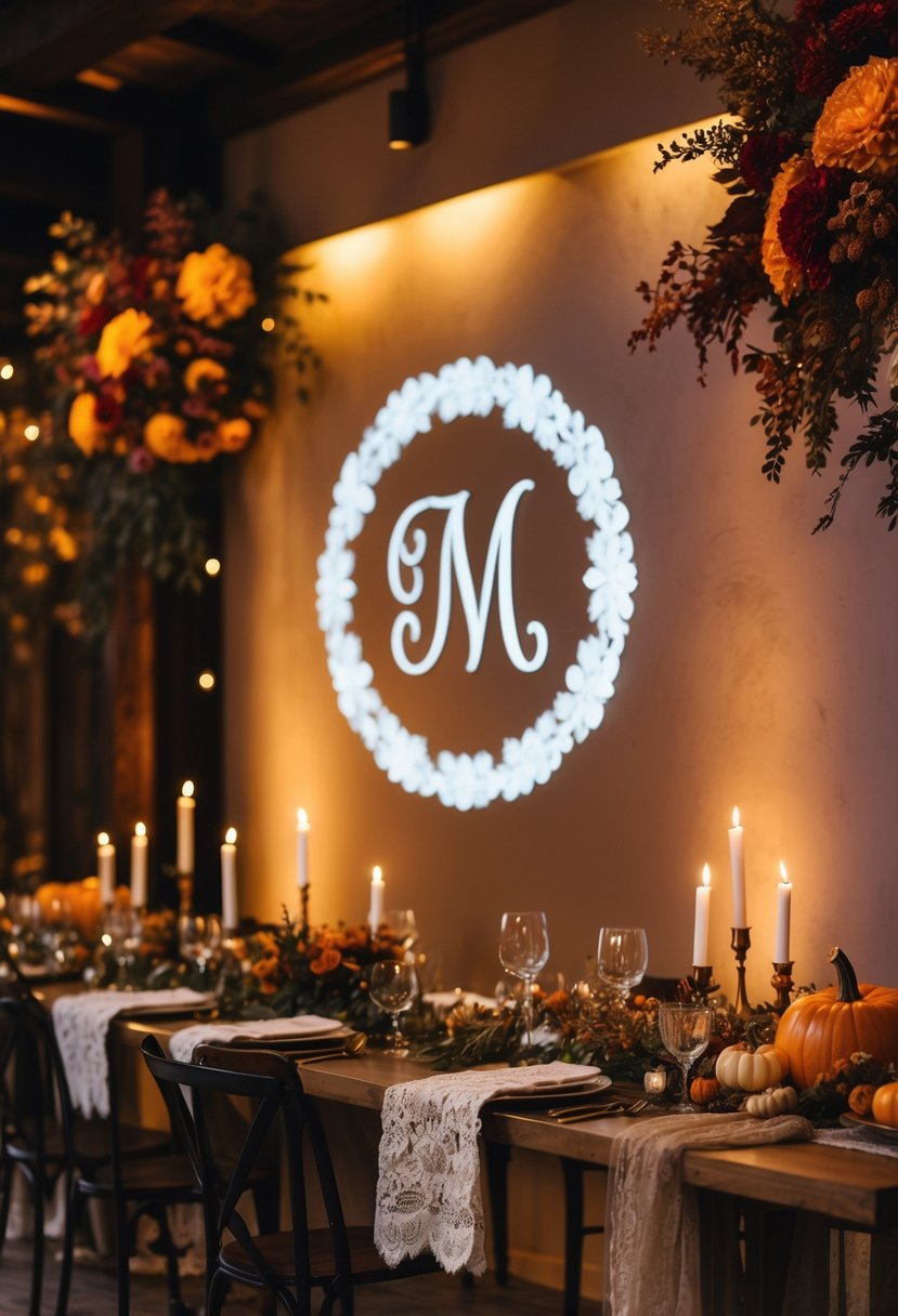 A wedding venue decorated with warm autumn colors, custom monogram lighting, flowers, candles, and fall-themed decor.