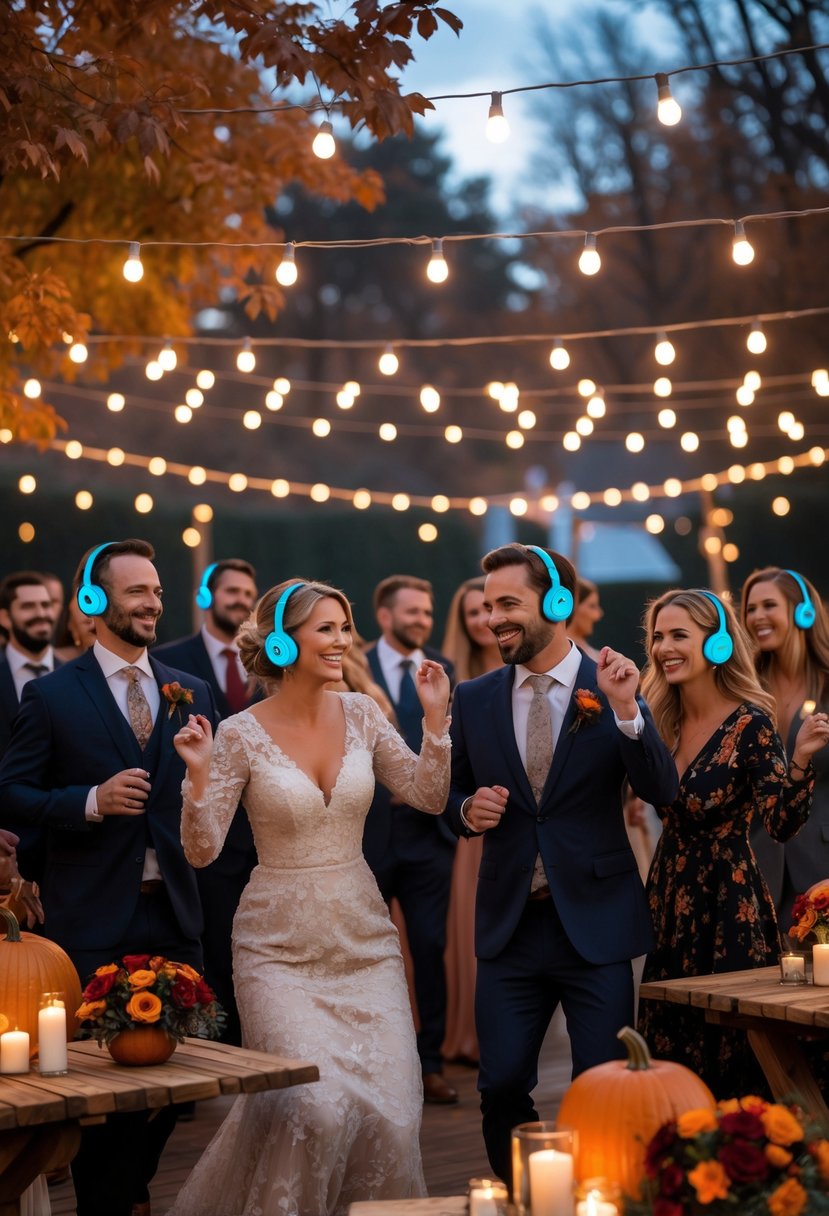 Guests wearing wireless headphones dancing and celebrating at an outdoor wedding reception decorated with autumn foliage and warm lights.