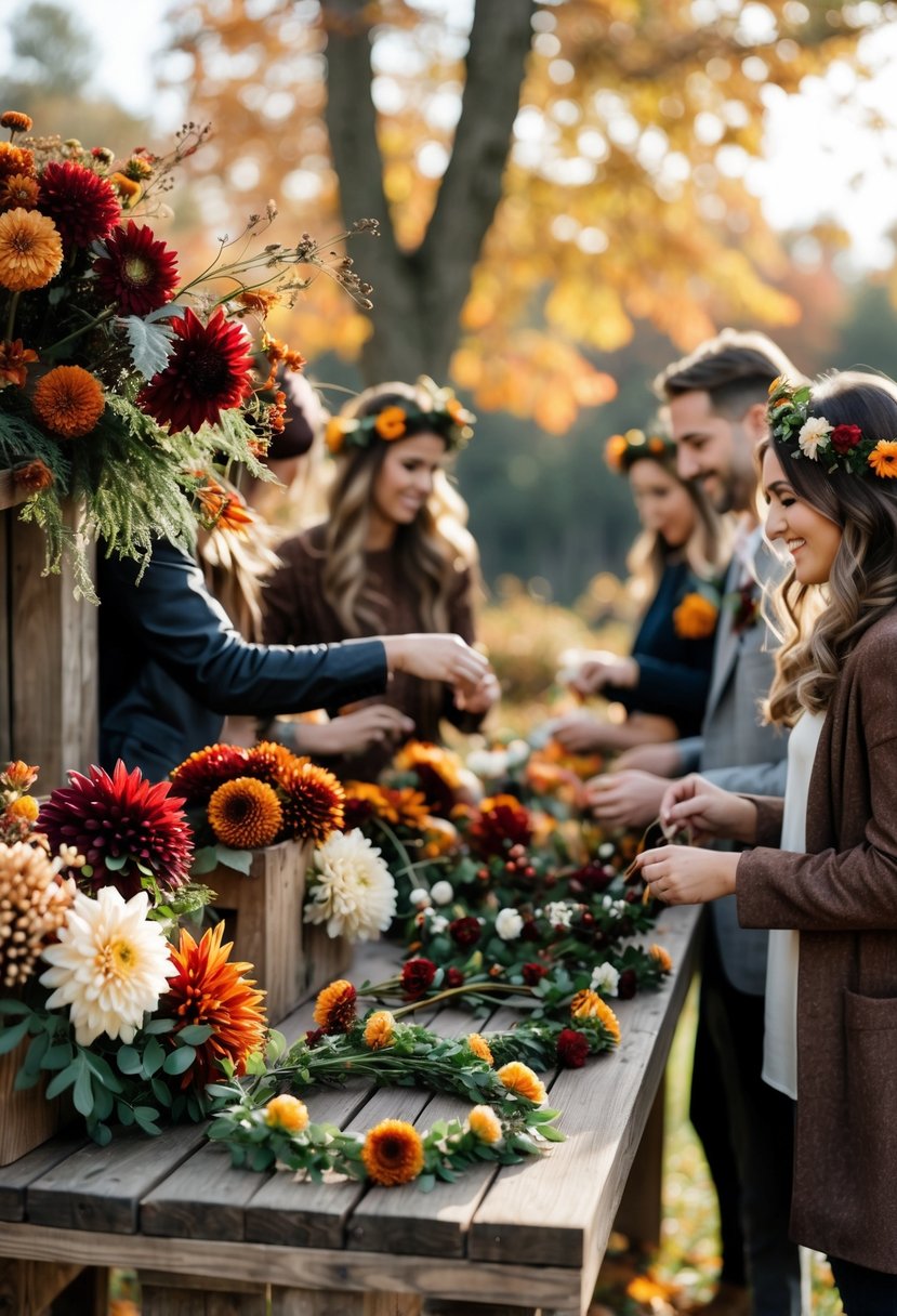 An outdoor wedding flower crown station with a wooden table covered in autumn flowers and foliage, surrounded by guests making flower crowns.