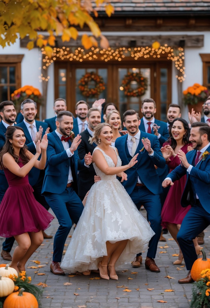 A bride and groom surrounded by guests dancing in a surprise flash mob at an outdoor autumn wedding.