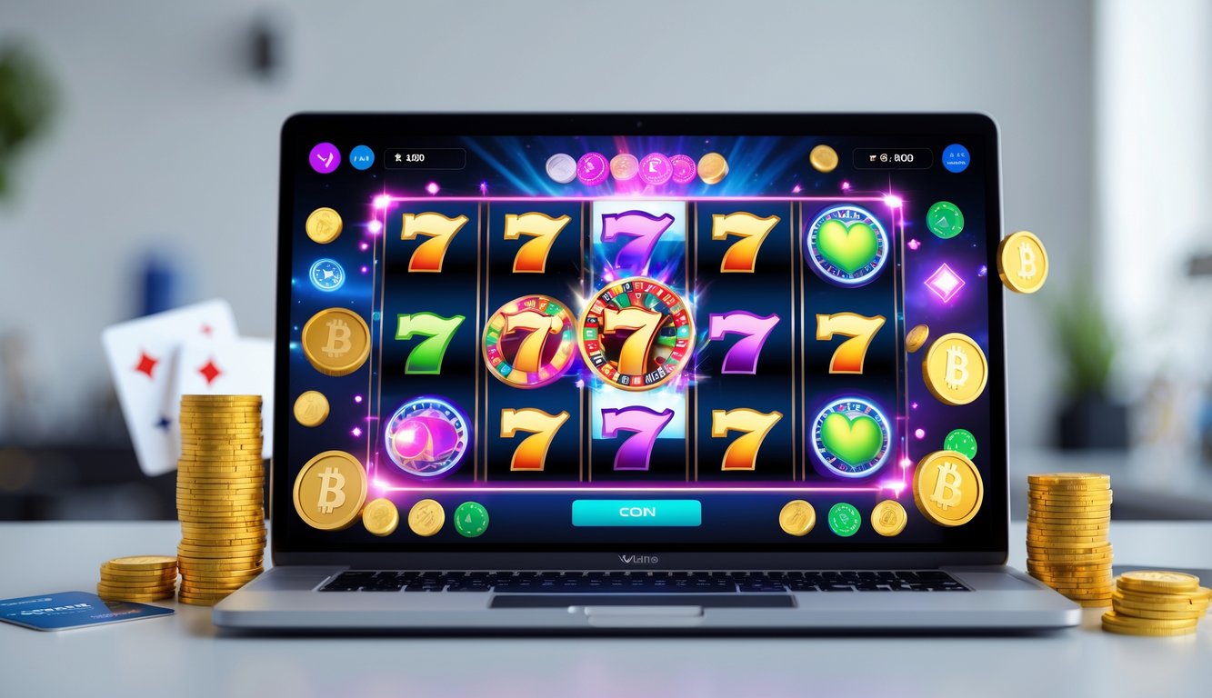 Seorang pengguna komputer dengan layar menampilkan permainan mesin slot online berwarna cerah di meja kerja yang rapi.