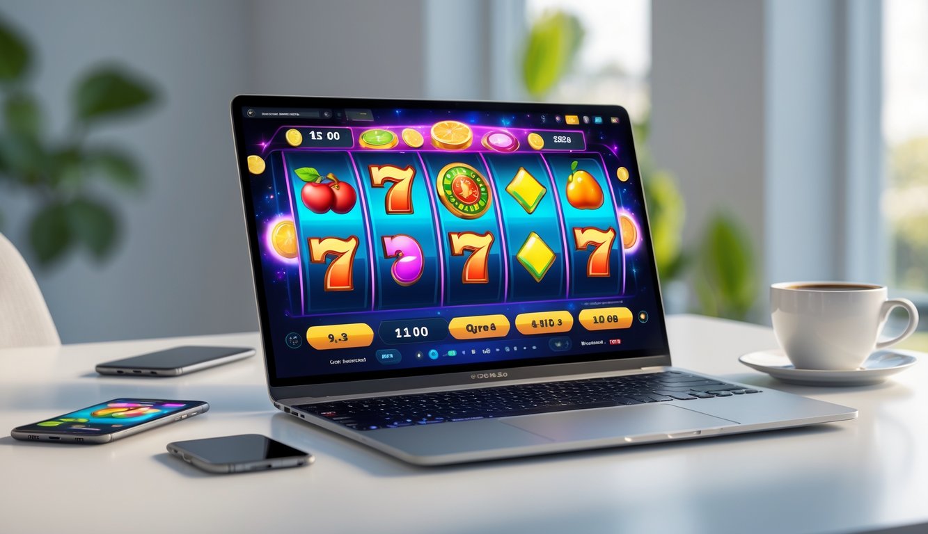 Seorang pengguna bermain permainan slot online di laptop di atas meja dengan pencahayaan alami.