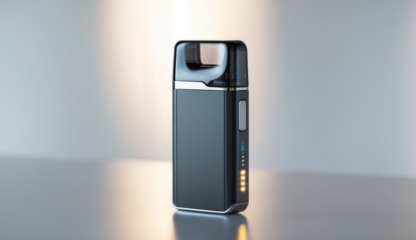 Foto perangkat vapor pod sistem dengan desain modern dan baterai tahan lama diletakkan di permukaan bersih.