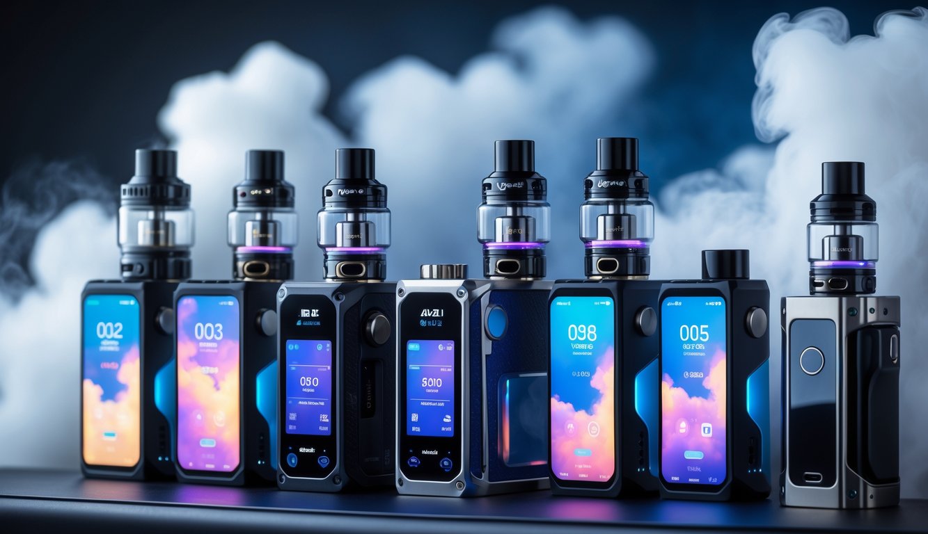 Beberapa jenis perangkat vape elektrik untuk cloud chasing yang diletakkan di atas permukaan hitam dengan uap vapor tebal di sekitarnya.