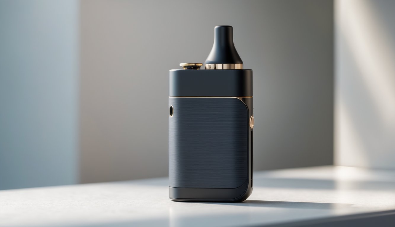 Foto perangkat vapor mini portabel dengan desain modern dan ramping di atas permukaan bersih.
