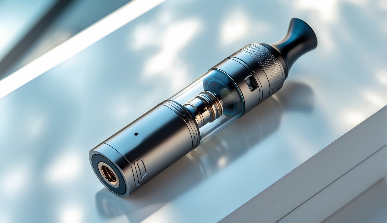 Perangkat vape pemula dengan coil bawaan diletakkan di atas permukaan putih bersih.