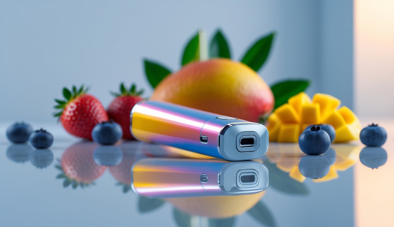 Perangkat vape sekali pakai dengan buah-buahan segar di sekitarnya di atas permukaan bersih.