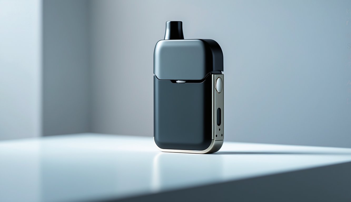 Sebuah perangkat vape pod modern dengan desain ramping dan teknologi auto draw terbaru, diletakkan di atas permukaan minimalis.