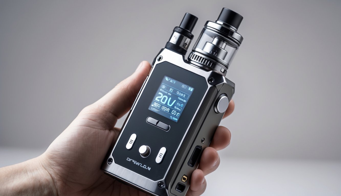 Sebuah perangkat vape mod dengan watt yang dapat diatur, dipegang oleh tangan seseorang dengan latar belakang netral.