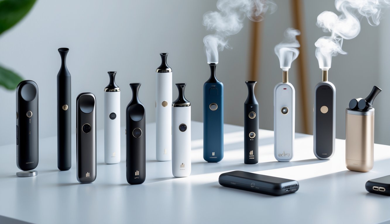 Berbagai perangkat vapor tanpa nikotin untuk terapi berhenti merokok yang tersusun rapi di atas permukaan putih.
