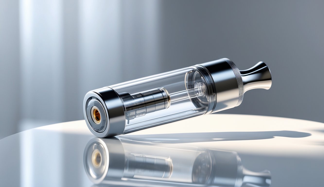 Perangkat vaporizer modern dengan cartridge isi ulang berkapasitas besar di atas permukaan putih bersih.