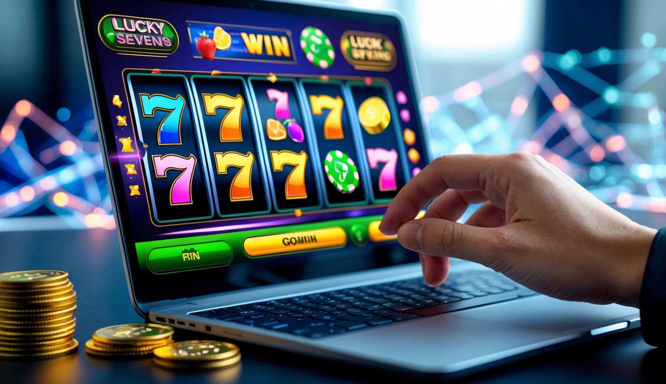 Seseorang menggunakan smartphone dengan tampilan permainan slot online yang berwarna-warni di layar.