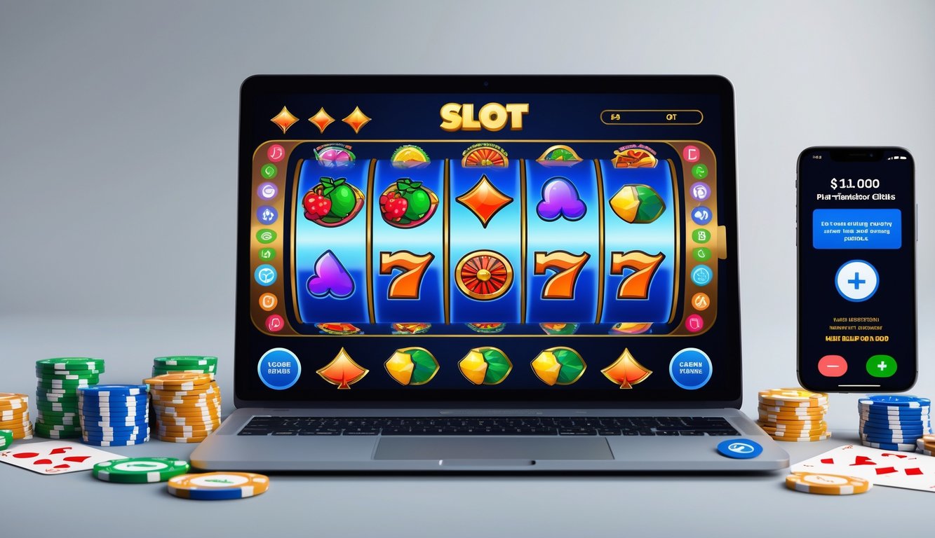 Seseorang menggunakan komputer dengan tampilan permainan slot online dan beberapa chip kasino di meja.