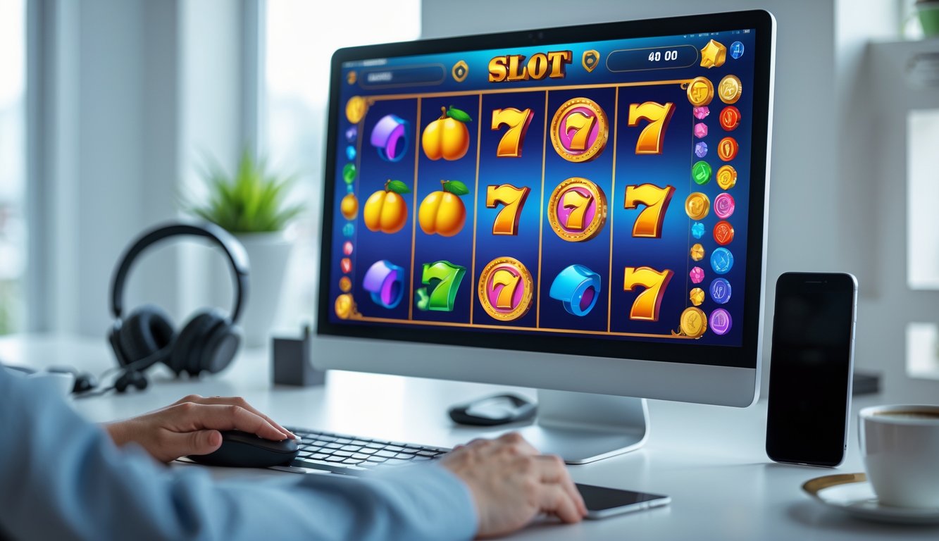 Seseorang sedang bermain game slot online di komputer di ruang kerja dengan latar belakang perlengkapan teknologi.
