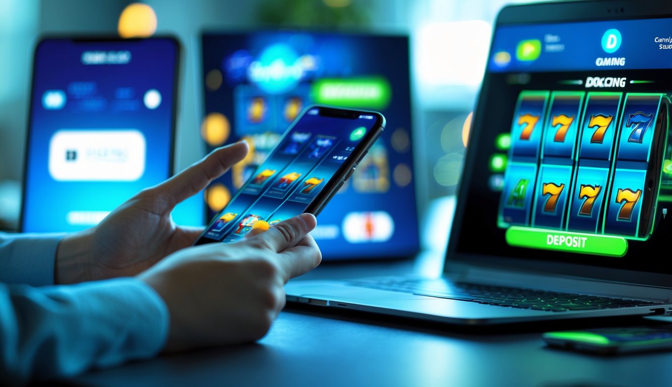 Seseorang menggunakan ponsel dan laptop untuk bermain judi slot online dengan suasana kerja yang modern dan terang.