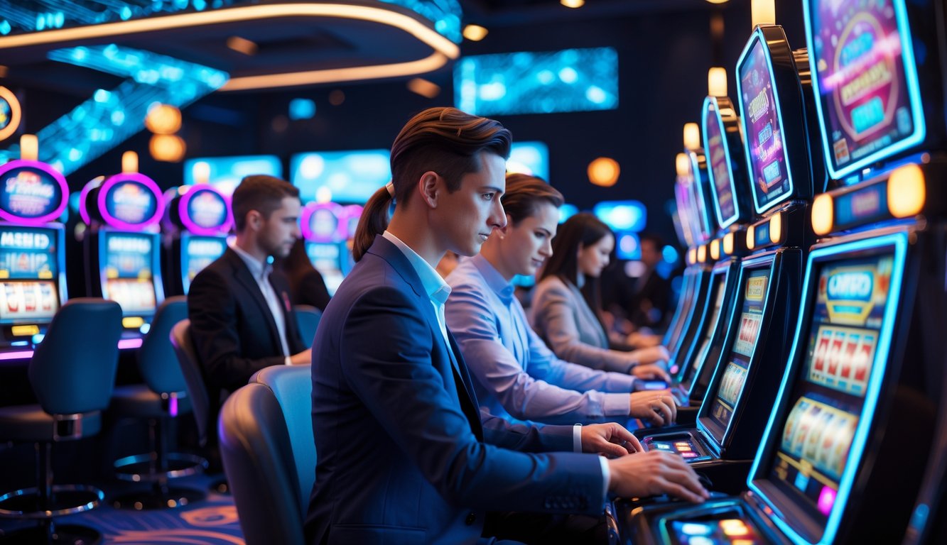 Orang-orang bermain mesin slot di kasino modern dengan pencahayaan warna-warni dan layar digital futuristik.