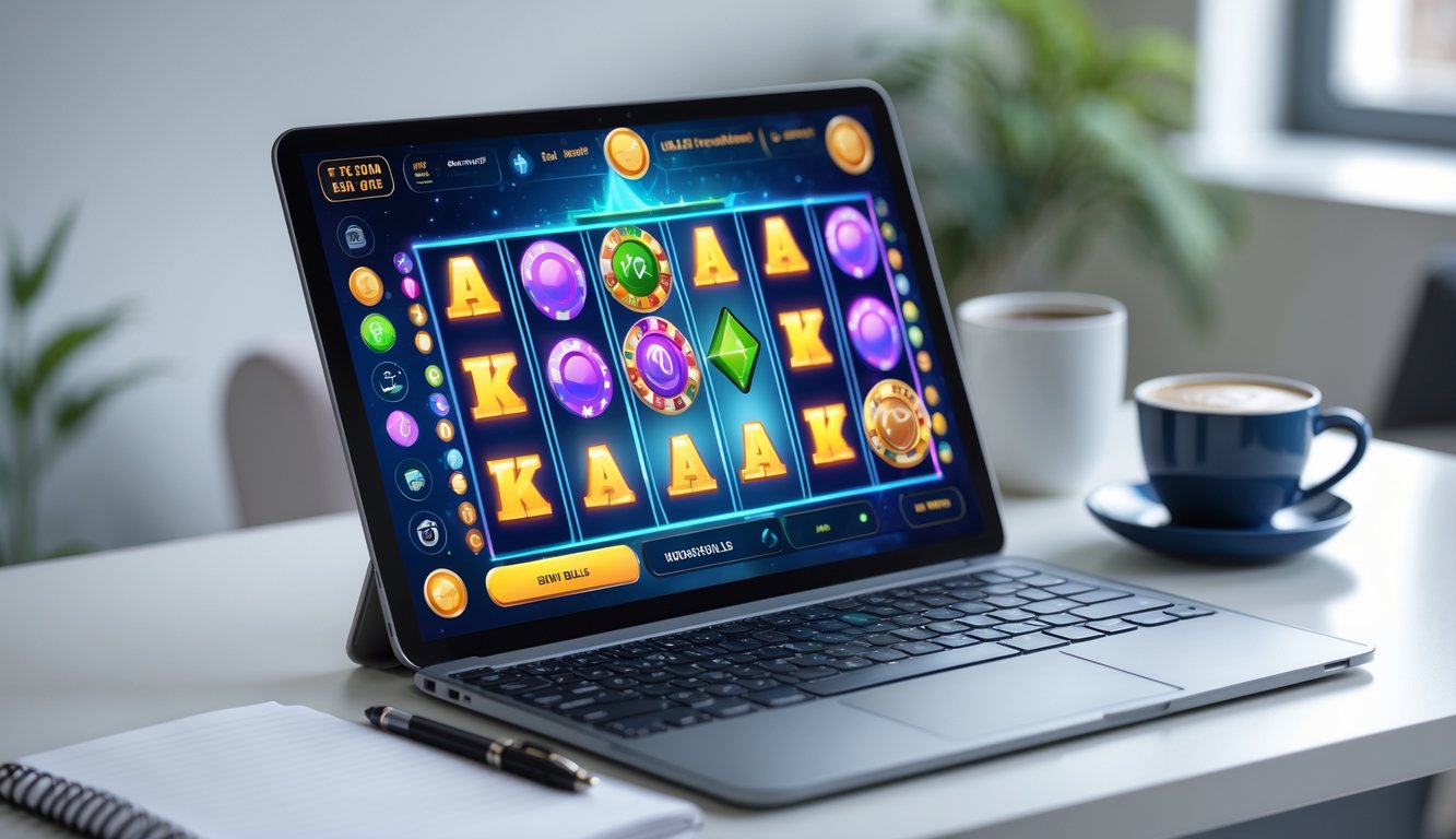 Seorang pemula sedang belajar bermain judi slot online dengan laptop dan catatan di meja kerja yang rapi.