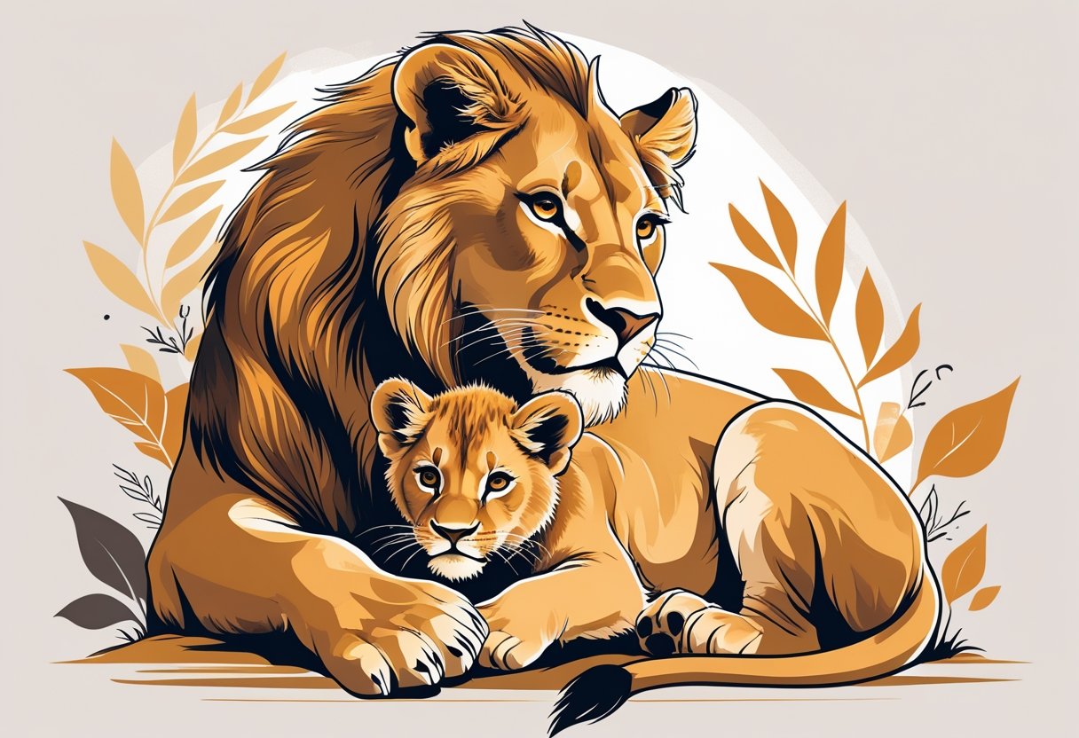 Tatuagem Leoa e Filhote: Significados e Inspirações para Sua Próxima Arte Leoa protegendo seu filhote, ambos próximos um do outro em um ambiente natural.
