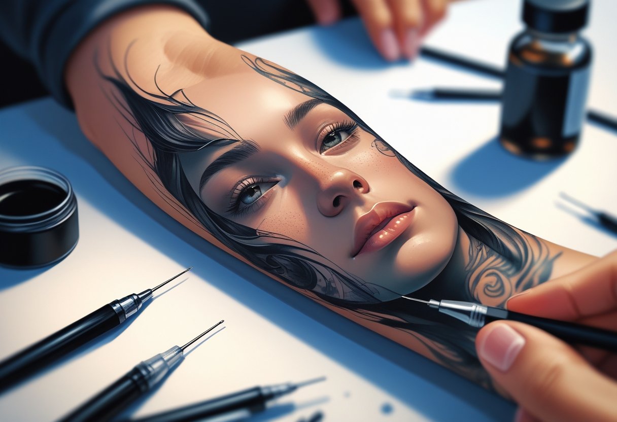 Tatuagem Realismo: Técnicas, Inspirações e Cuidados Essenciais Braço com uma tatuagem detalhada de um rosto humano, com ferramentas de tatuagem ao fundo.
