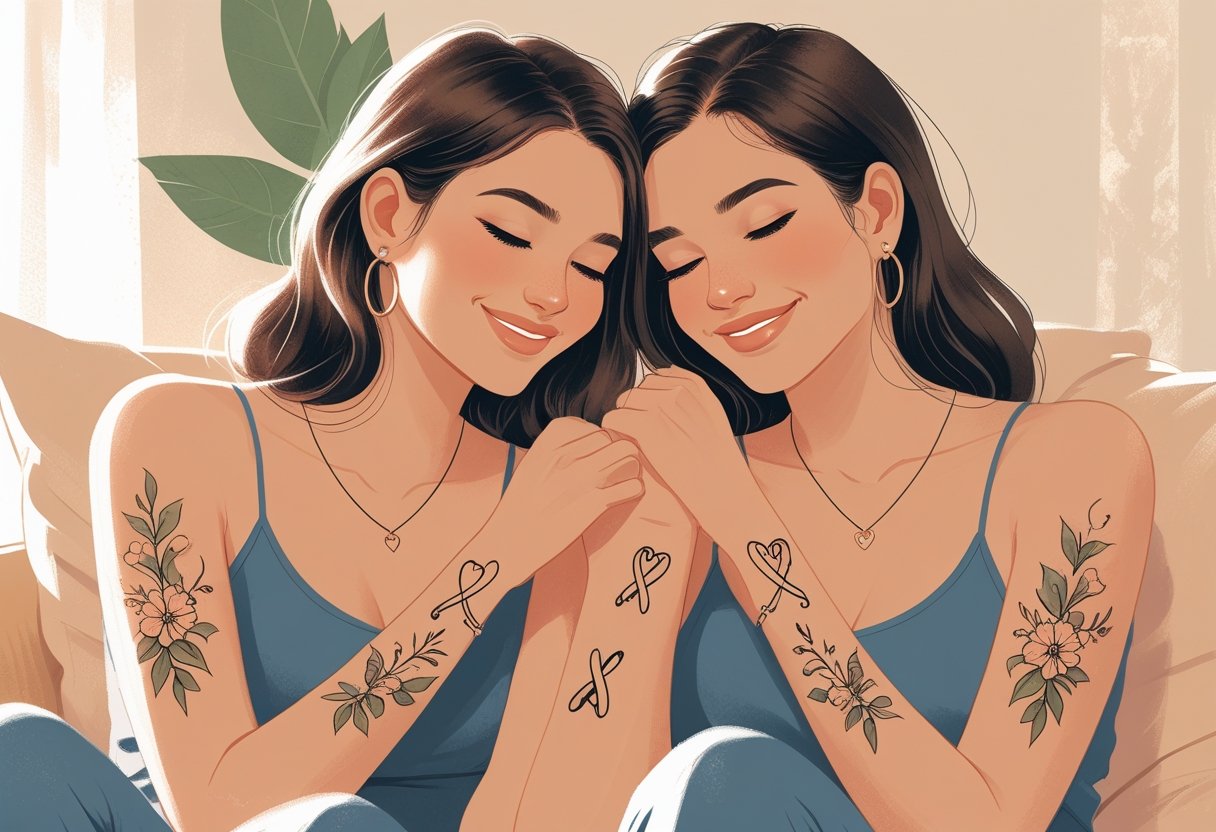 Tatuagem Irmãs: Ideias e Significados para Marcar o Amor Fraternal Duas mulheres sentadas próximas, mostrando tatuagens combinando que simbolizam a conexão entre irmãs, sorrindo e demonstrando carinho.