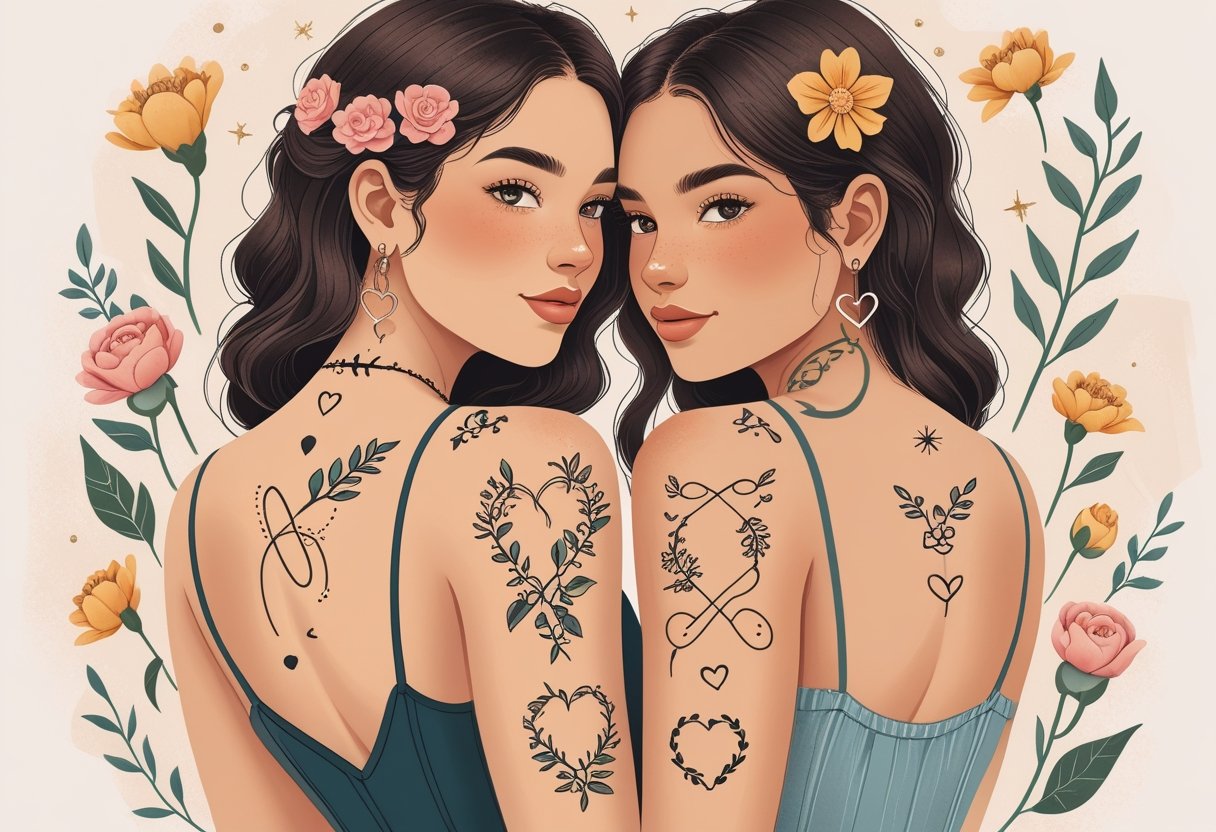 Tatuagem Irmãs: Ideias e Significados para Marcar o Amor Fraternal Duas mulheres lado a lado mostrando tatuagens combinando que simbolizam a ligação entre irmãs.