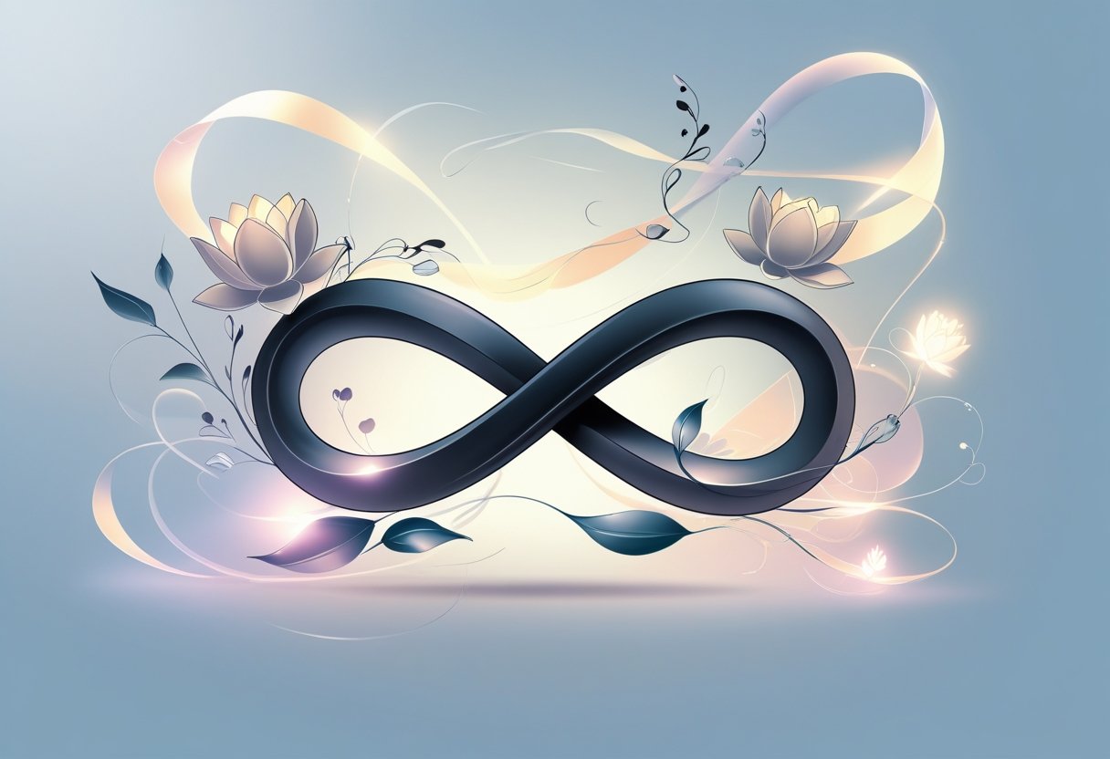 Tatuagem Infinito: Significados, Ideias e Inspirações para Seu Próximo Visual Símbolo de tatuagem infinito com elementos florais e luz suave ao redor, representando continuidade e eternidade.