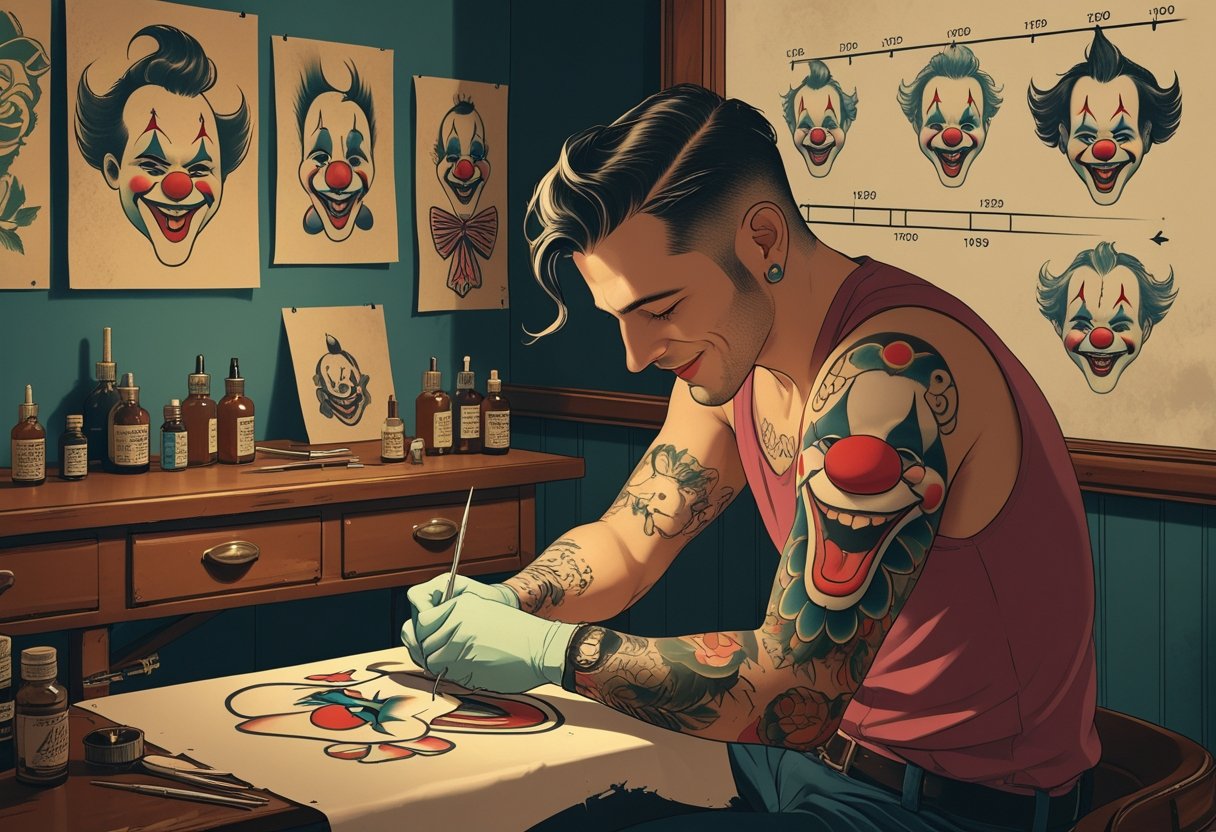 Tatuagem Palhaço: Significados, Estilos e Inspirações Um artista de tatuagem trabalhando em uma tatuagem de palhaço no antebraço de um cliente dentro de um estúdio de tatuagem tradicional.