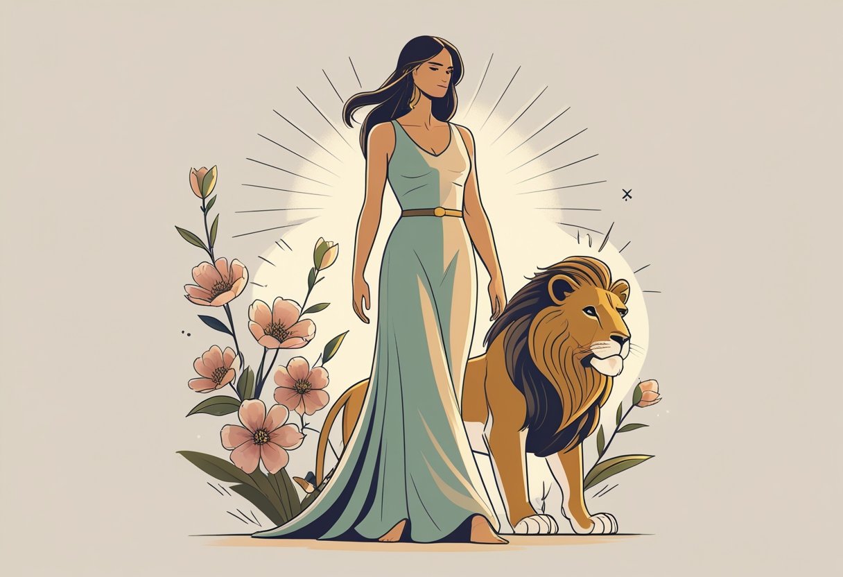 Figura feminina confiante cercada por elementos simbólicos como uma leoa e flores, representando força e coragem.
